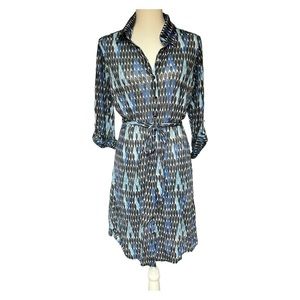 David Cline Womens Size Large Snap Front Blue Black Teardrop Print Shirt Dress